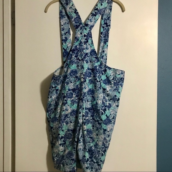 Retro Eber San Francisco Blue Floral Button Fly Short Jean Overalls - Picture 4 of 6